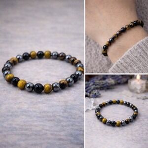 Tiger Eye Obsidian Hematite Beaded Bracelet Grounding Protection Stretch Jewelry